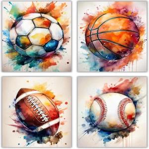 CNTG 디자인 스포츠 월 아트 세트 4 8x10 인치 프레임 없는 수채화 포스터 축구 농구 야구 및 미식축구
