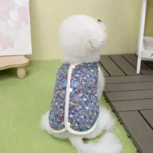 [반려패션] 강아지 꽃무늬 누빔 D링 S 똑딱이조끼 김장조끼 고양이 인조안감 블루 2중