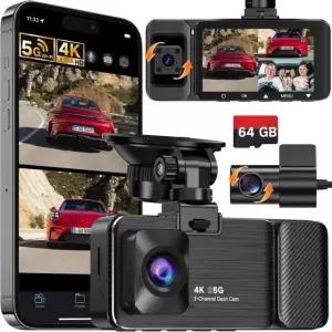 WECOOL 4K UHD 3채널 대시캠 전면 및 후면 내부 무료 64GB 카드 포함 야간 투시 차량용 360° 광각 풀뷰 대시 카메라 24시간 주차 모드 Matte Black