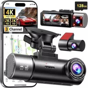 4K+2K+2K 3채널 대시캠 전면 및 후면 128GB 카드 포함 차량용 대시 카메라 5.8G/2.4G 듀얼 와이파이 내장 GPS 나이트 비전 WDR 170° 광각 G-센서 F9