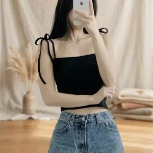여성 여름 블링 리본끈 크롭 슬림 나시