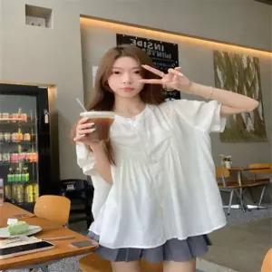 [핀디] 러블리 셔링 라운드넥 퍼프 반소매 블루셔츠