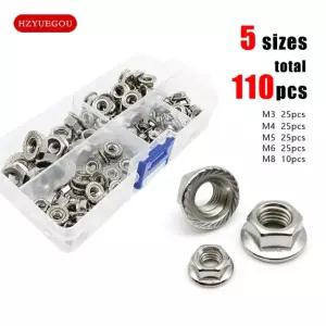 110 상자 DIN6923 플랜지 너트 육각 육각형 톱니 세트 모양의 믹스 M3 스핀록 stainless steel