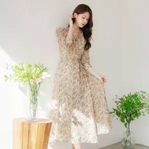 ~XXL까지 데로프 플라워패턴 쉬폰 랩 원피스 봄 롱원피스 하객룩 오피스룩 모임룩 격식룩 빅사이즈1251949