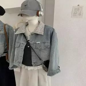 세군다 여자 데님 자켓 재킷 탈부착 체크 칼라 코트 싱글 긴팔 상의 DOS1