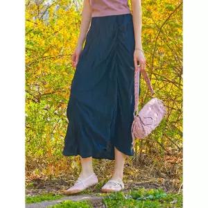 Koleat 쿨링 냉장고 주름 마몽 미디 셔링 플레어 롱스커트 블랙 349SR 1292927