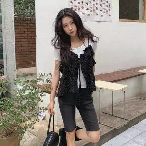여자 베이직 도트 시스루 프릴 레이어드 뷔스티에 조끼