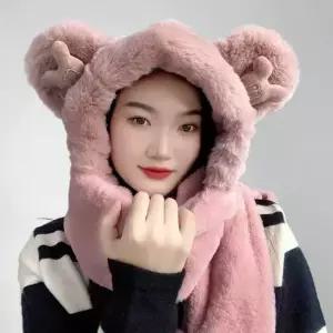 핑크 머플러 후드 일체형 큐티베어 후드숄머플러