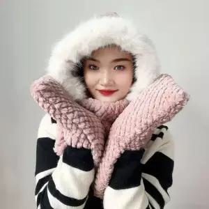 일체형 후드 머플러 핑크 예쁜 따뜻한 귀마개 숄 목도리