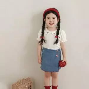 귀여운상하복 체리자수 여아 반팔 데님 치마바지 상하세트 205444