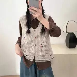 가을 빈티지 여친 니트 브이넥 톱 조끼 펀칭 러블리 나시 카디건 아우터 가디건 다올3