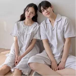 국산 모어 커플 잠옷 여름 반팔 스트라이프 고급 신혼 선물 파자마 홈웨어
