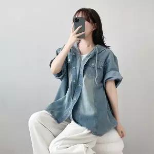 (모노레인) (빅사이즈) 힙무드 후드 반팔 데님 자켓 D 4472