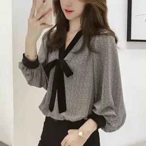 여성 봄 가을 체크 리본 넥 블라우스 LFHxfs-15