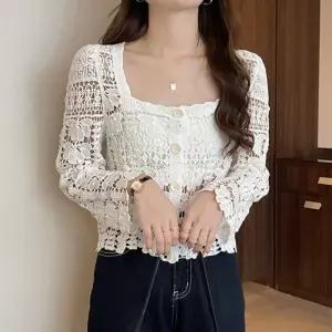 (색상 화이트)뜨개 크로셰 여자 비치 긴팔 니트 가디건 화이트 여성 여름 시스루 얇은 여름용 카디건