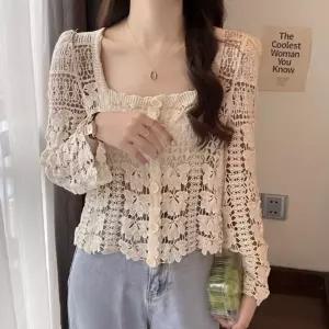 (색상 베이지)뜨개 크로셰 여자 비치 긴팔 니트 가디건 베이지 여성 여름 시스루 얇은 여름용 카디건