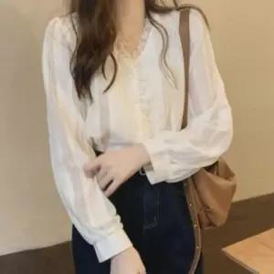 여성 기본데일리룩 코디 여성블라우스 블라우스 레이스 여자셔츠 브이넥 데일리 셔츠