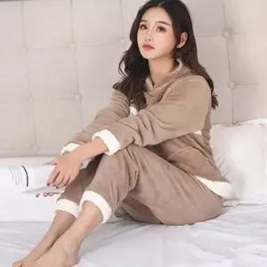 후드 잠옷 파자마 겨울 극세사 수면 바지 세트 여성 홈웨어 WFO4VI8