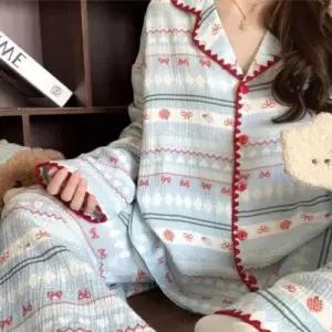 여성 카라 스카이 면 홈웨어 잠옷 수면 파자마 상하 WFMFE84