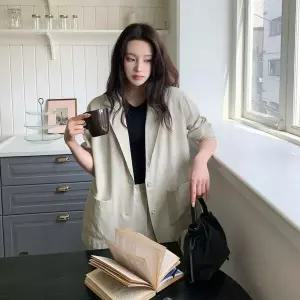여자 내추럴 루즈핏 메쉬 린넨 혼방 자켓 와이드 팬츠 세트
