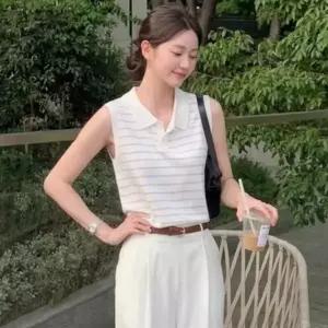 [골드스마일]여성 여름 크롭 니트 단가라 카라 조끼 민소매 티셔츠 조끼