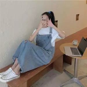 (스타일하우스)원피스 OPS 매력적인 언발 트임 멜빵 데님