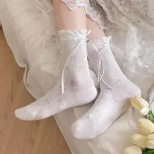 얇은 여름 리본 펀칭 발레코어 중목 양말