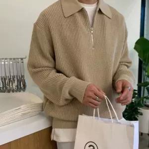 남성 훈남 댄디 반집업 니트 카라 티셔츠 긴팔 상의 블랙