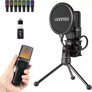 ANC 노이즈 캔슬링 기능이 있는 얀마이 무선 마이크 RGB 조명 구스넥 삼각대 듀얼 모드 무선/USB-C -