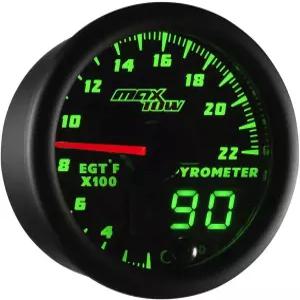 MaxTow 더블 비전 2200F 피로미터 배기 온도 EGT 게이지 키트 - Type K 프로브 포함 블랙 페이스 녹색 LED