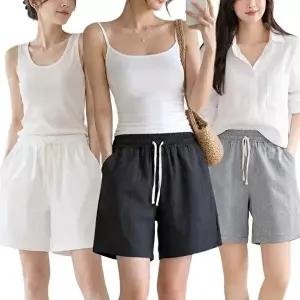 [모든GO]여성 린넨 밴딩 반바지 여름 4부 와이드핏 포켓 데일리 홈웨어
