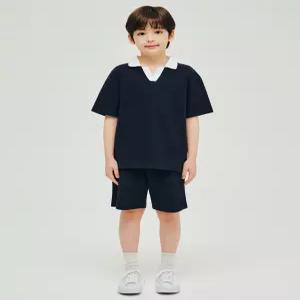 무신사 스탠다드 키즈 슬릿 넥 폴로 셔츠 셋업 네이비 783402