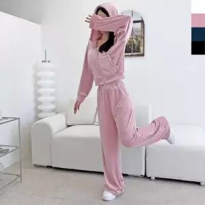 여성 벨로아 트레이닝 셋업 벨벳 운동복 후드 크롭 집업 와이드 WFOEXHW