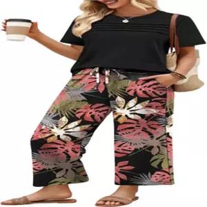 여성용 여름 봄 의상 여행 공항 해변 휴가복 와이드 레그 팬츠 라운지 세트 위홀 투피스 Navy Floral Small