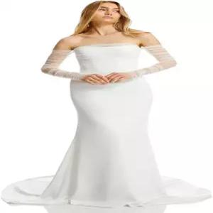 에이오크 롱 웨딩 툴레 장갑 - 화이트 펄 브라이덜 엘보 길이 여름 여성 및 소녀용 손가락 없는 White