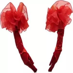 SHENHE 여성용 롱 글러브 오버사이즈 툴레 메시 러플 트림 파티 프롬 웨딩 오페라 장갑 One Size Red