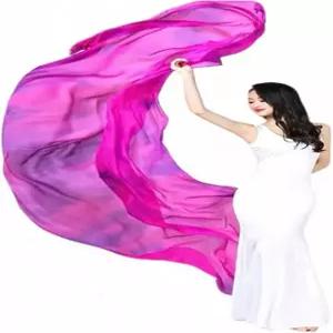피바마 여성 리얼 실크 경량 벨리 댄스 핸드 타이 염색 베일 250cm 114cm 성인 무대 공연용 Rose Red Tie-dyed