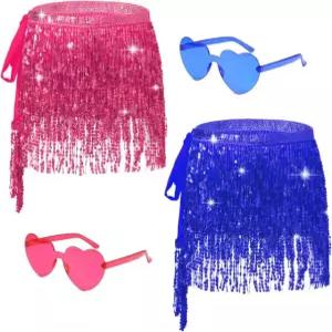 하트 선글라스를 착용한 여성을 위한 2PCS Sequin 프린지 스커트 벨리 댄스 힙 스카프 반짝이는 태슬 파티 콘서트 의상 Blue Purple