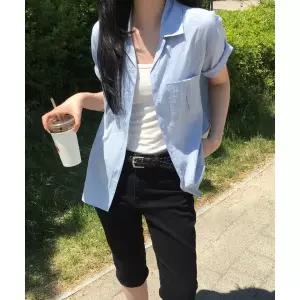 DRAWFIT WOMEN 스트라이프 스탠다드 오픈 카라 반팔 셔츠 [SKY BLUE]