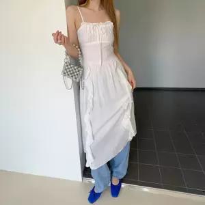데일리 여성 셔링 리본 플레어 끈나시 롱원피스