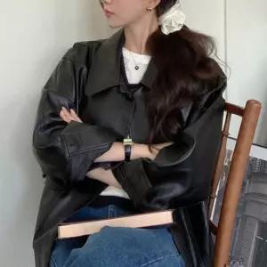 루즈 레더점퍼 바이크 가죽재킷 오버핏 카라넥 여성라이더자켓 HWD4762B