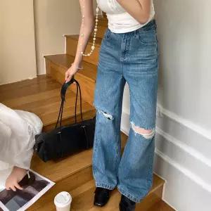 여자청바지 슬림 헤짐 빈티지 워싱 슬랙스 블루 봄 팬츠 와이드 일자 심쿵마켓