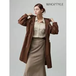 후스타일 여성 레더 믹스 후드 롱 집업 코트 브라운