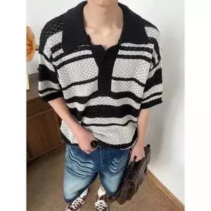 남사친 빈티지 흑백 터틀넥 카라 상의 티셔츠 반팔티 사계절 스트라이프 DUCHI2