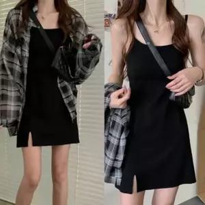 세트 끈나시 미니 원피스 체크 셔츠 데일리 스타일 가을하객원피스 (W7927D4)