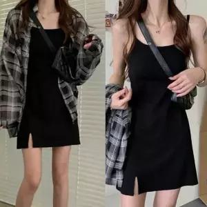 세트 끈나시 미니 원피스 체크 셔츠 데일리 스타일 가을하객원피스 (W7927D4)