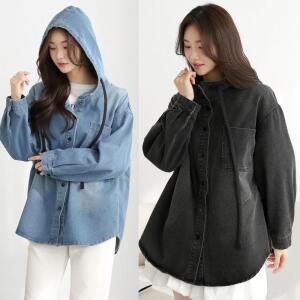 러브포텐 여성 빅사이즈 후드청자켓 데님청남방 봄 가을 간절기 아우터