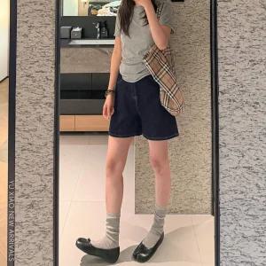 네이비 데님 반바지 여 여름 얇은 배핏 몸매가 날씬해 보이는 mm 빅사이즈 작은키 a라인 핫팬츠