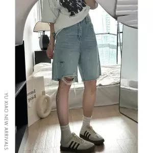 아메리칸 라이트 디스트로이드 데님 반바지 여 여름 얇은 날씬해 보이는 오버사이즈 통통mm 와이드 5부