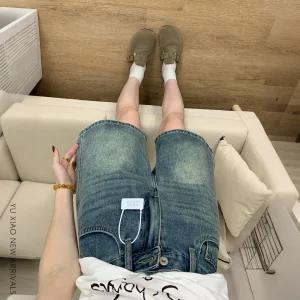 빈티지 블루 하이웨스트 데님 반바지 여 여름 빅사이즈 통통mm 날씬해 보이는 배모양 몸매 와이드 5부 팬츠